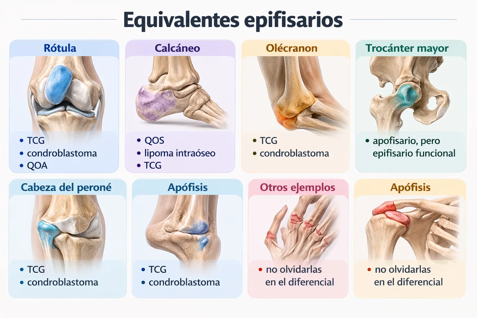 Equivalentes epifisarios: rótula, calcáneo, olécranon, trocánter mayor, cabeza del peroné y apófisis