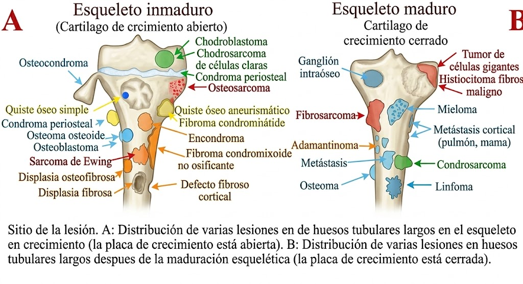 Distribución de varias lesiones en huesos tubulares largos en esqueleto inmaduro y maduro