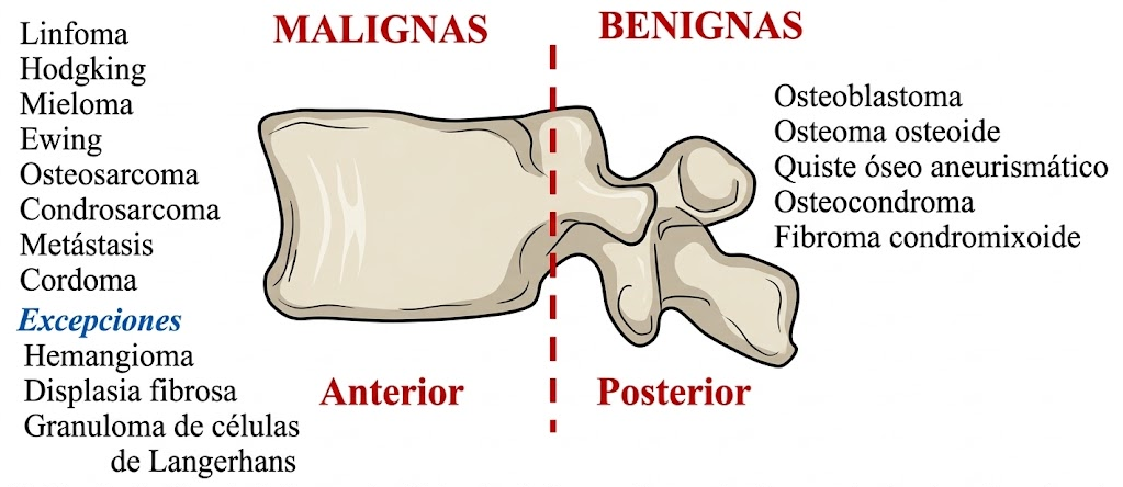 Distribución de lesiones benignas y malignas en vértebra