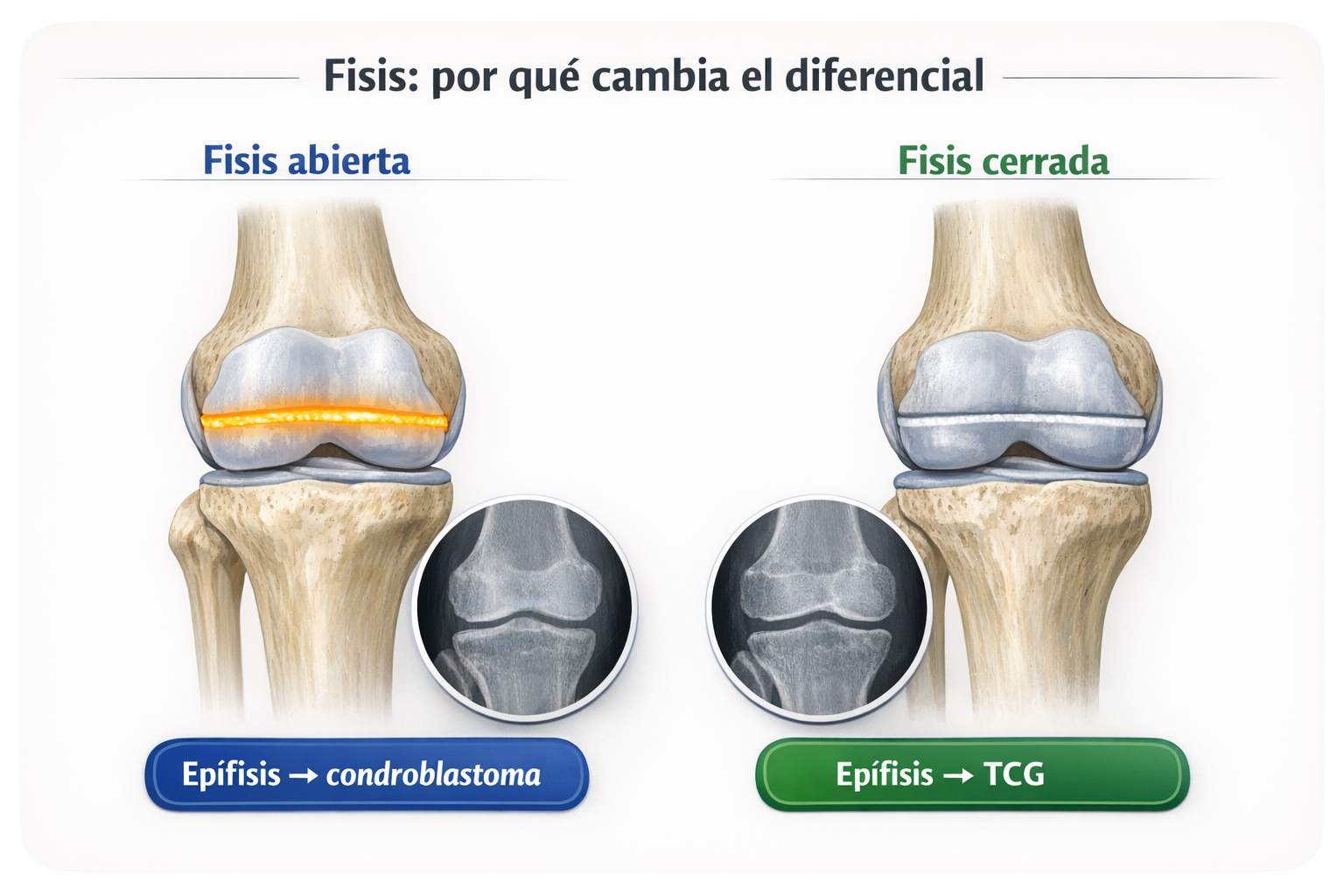 Esquema visual de fisis abierta y fisis cerrada con repercusión diagnóstica