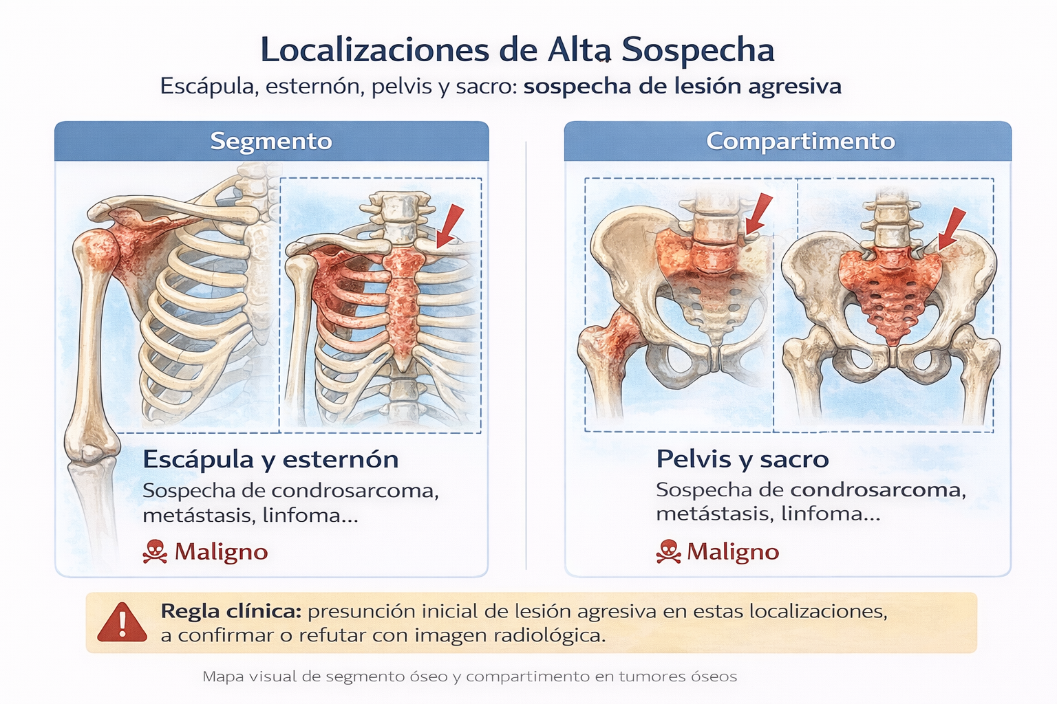 Mapa visual de localizaciones óseas de alta sospecha oncológica