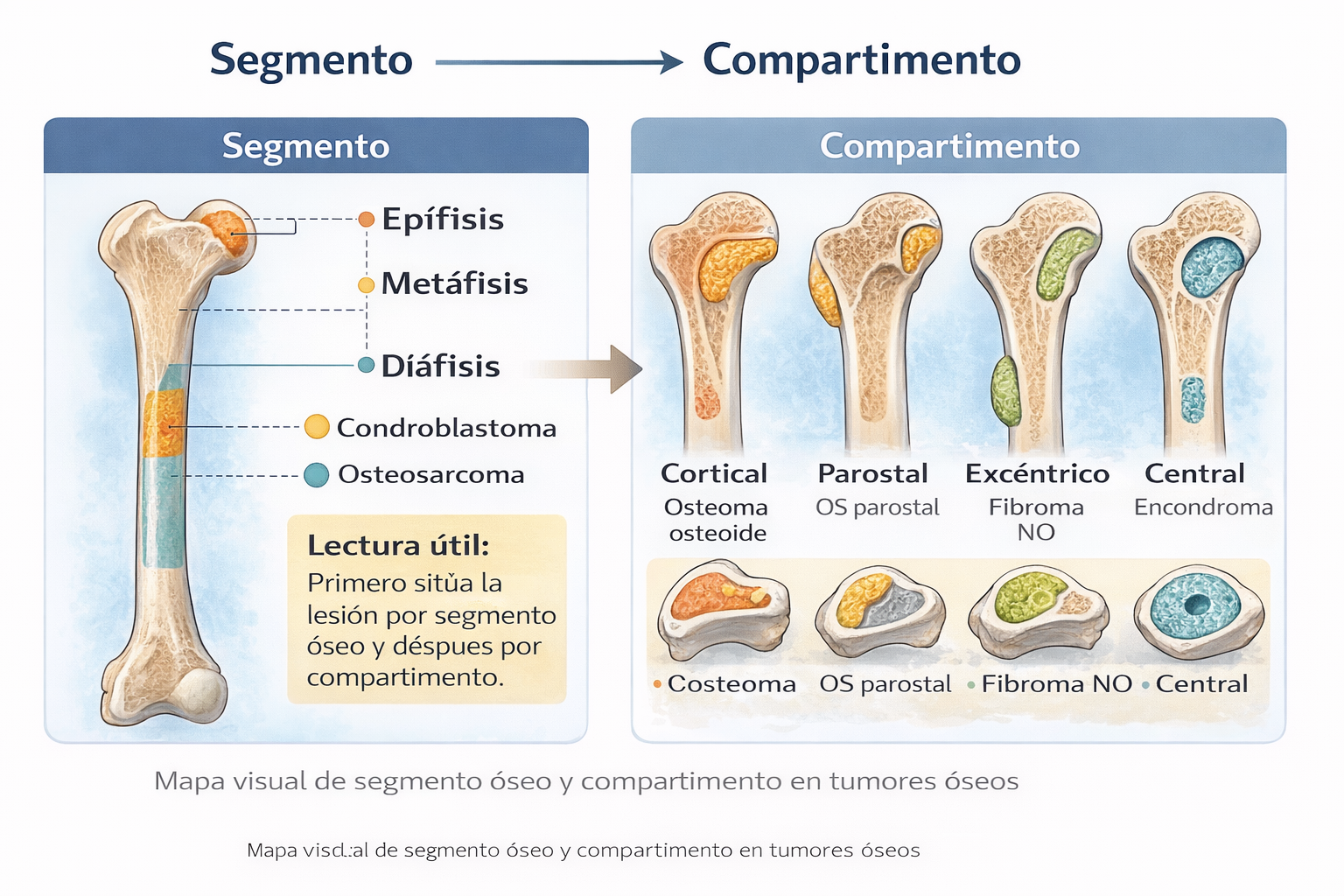 Mapa visual de segmento óseo y compartimento en tumores óseos