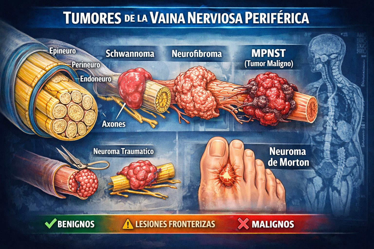 Ilustración esquemática de los tumores de la vaina nerviosa periférica