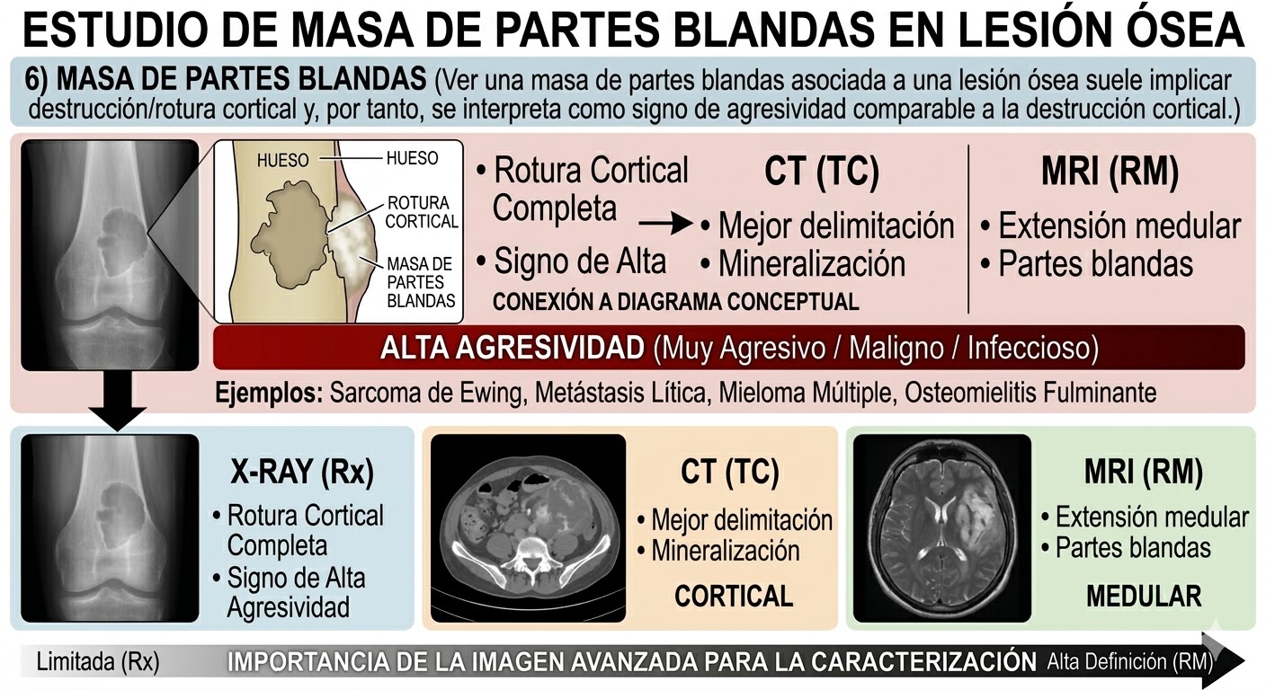 Radiografía con lesión ósea agresiva y masa de partes blandas