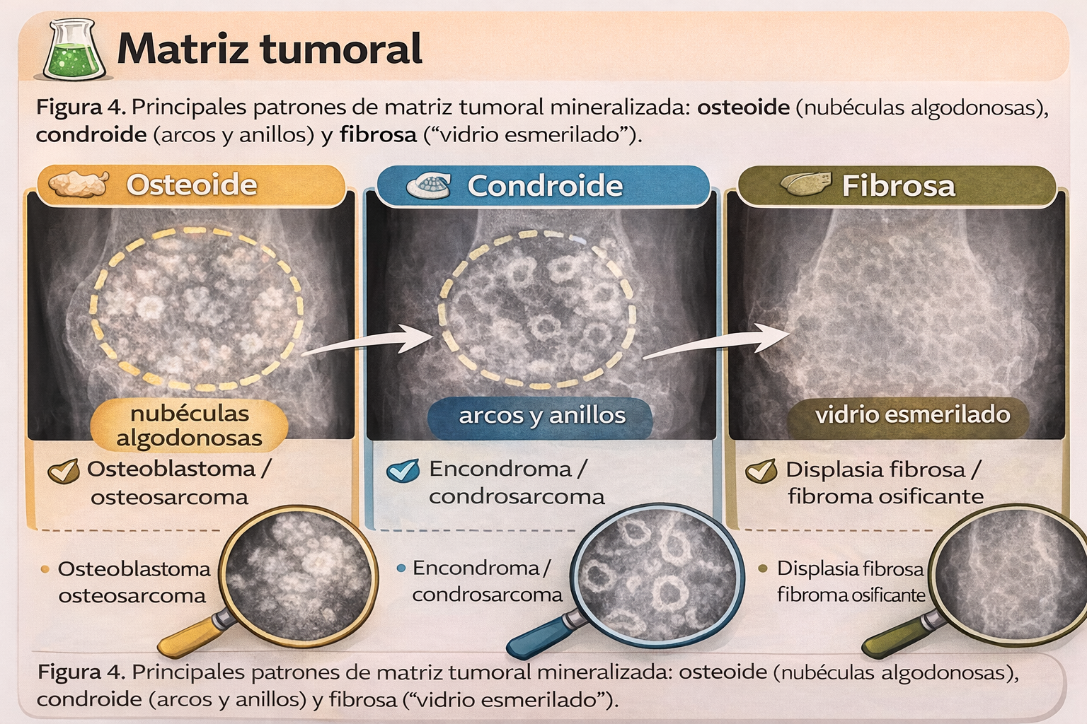 Comparativa de matrices tumorales óseas: osteoide, condroide y fibrosa