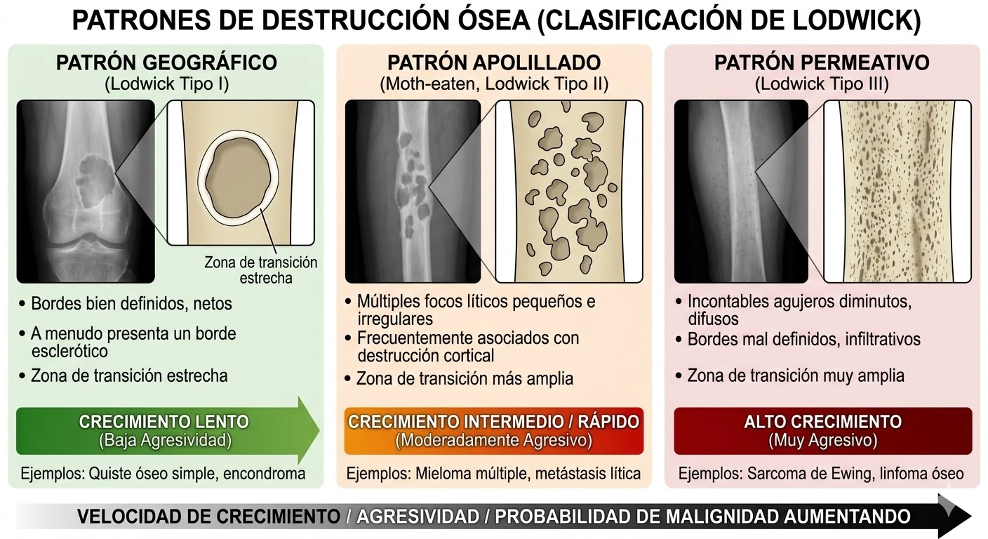 Comparativa de patrones de destrucción ósea: geográfico, apolillado y permeativo