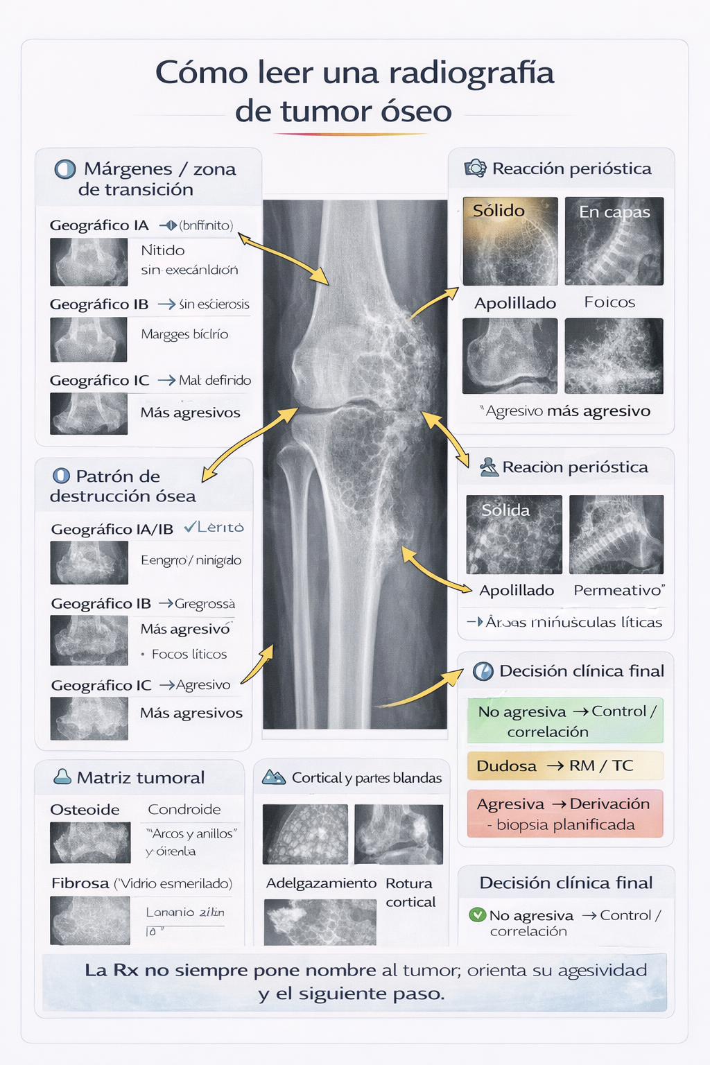 Infografía sobre lectura sistemática de la radiografía en tumores óseos