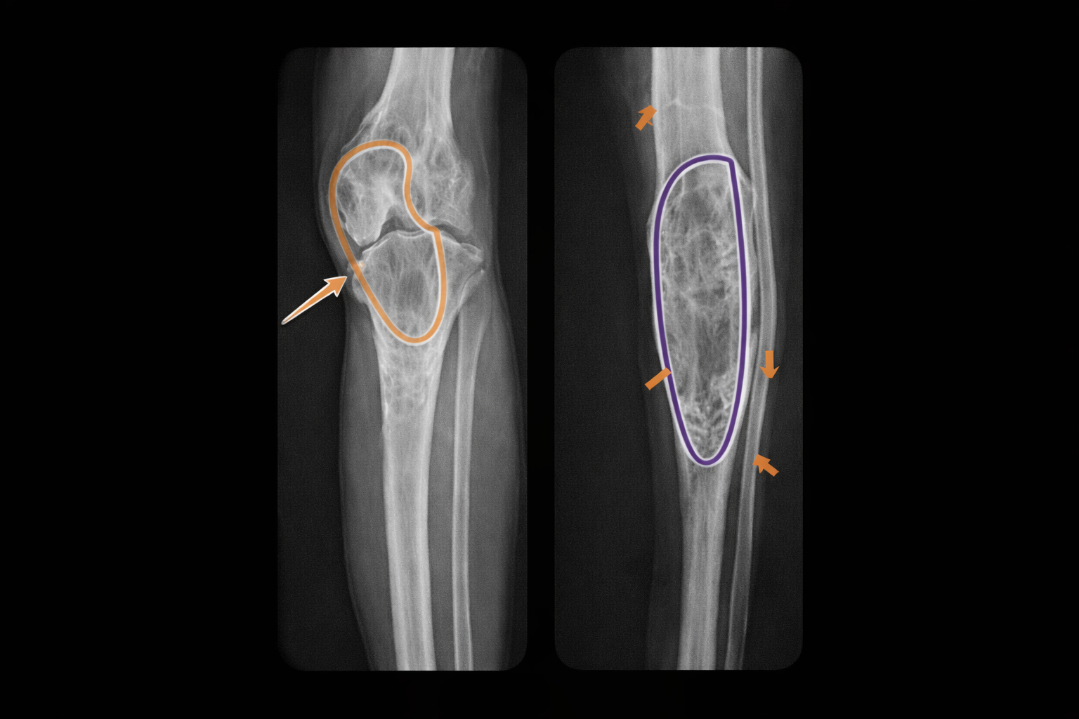 RX: lesión radiolúcida cortical anterior, lobulada con esclerosis; ejemplo en tibia y peroné.